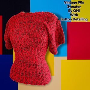 Vintage 90s Red & Black Woven OHI Short Sleeve Sweater With Black Button‎ Detail